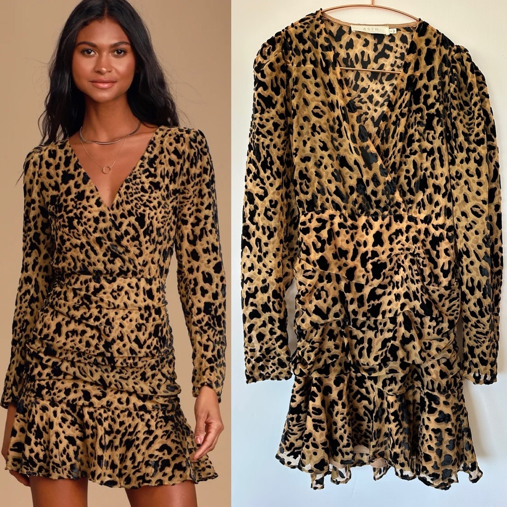 ASTR the Label Nikita Burnout Leopard Print Long Sleeve Ruched Mini Dress Small